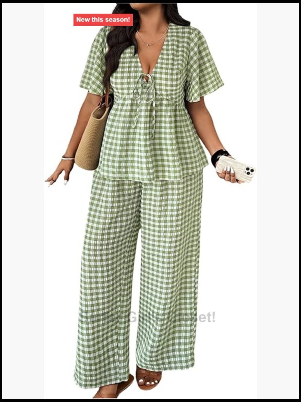 Plus Size Gingham V Neck Blouse & Wide Leg Pants Set